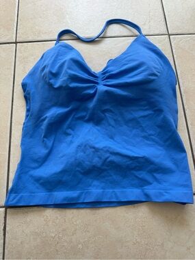 Electric blue halter backless gym top with built in bra